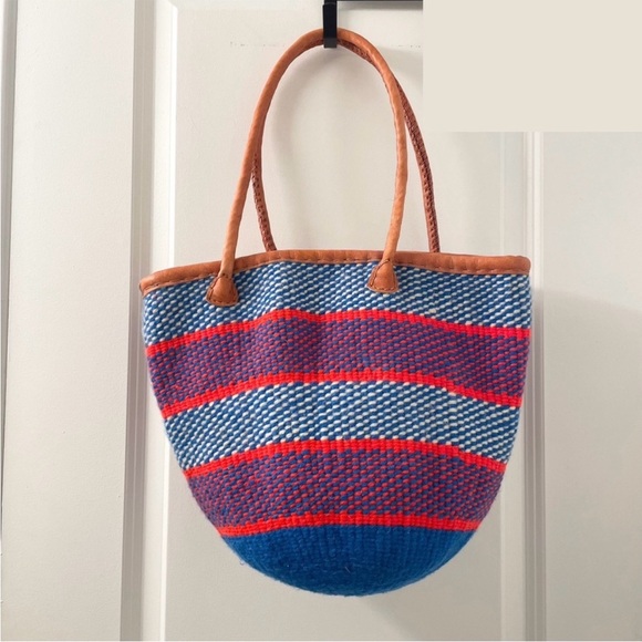 Handmade Blue Red Striped Woven Tote Bucket Bag Purse Leather Strap Basket Decor - Picture 1 of 7